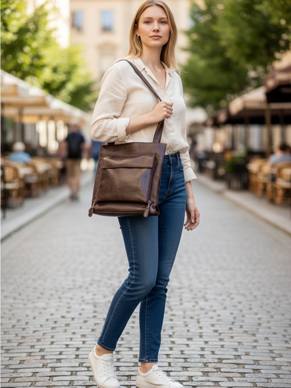 M LONDON New York Vintage Brown Leather Shoulder Tote with Front Pocket
